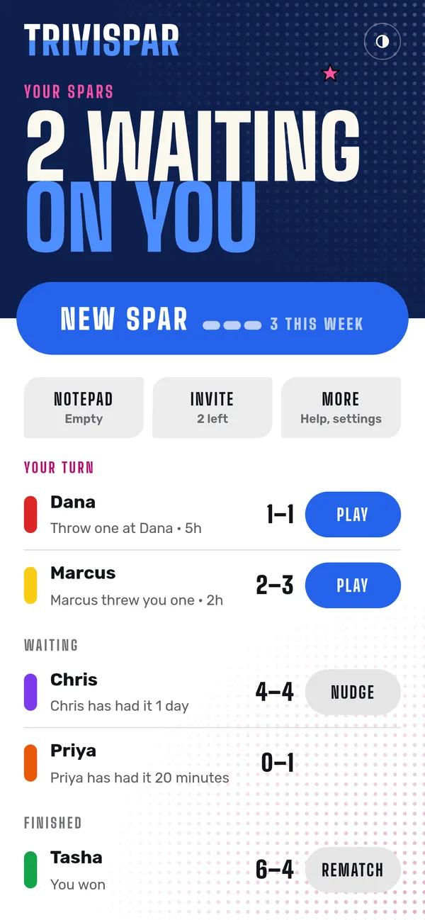 TriviSpar home screen with games waiting on you